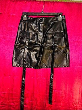 👑 EMO EGO SIZE 2 Black Faux Leather Mini Skirt with Utility Pockets & Straps